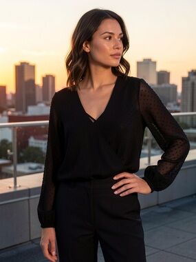 Rue21 Swiss Dot Textured Vneck Black Blouse